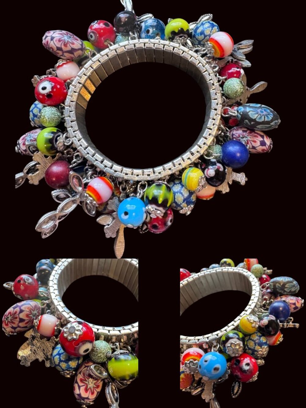Eclectic Expansion Bracelet • Silver Tone Crosses & Glass Beads • Funky Vintage